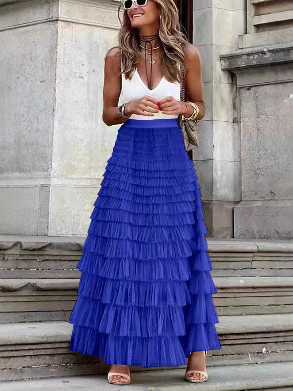 Women's French Style Long Autumn Elegant Solid Color High Waist Net Skirts