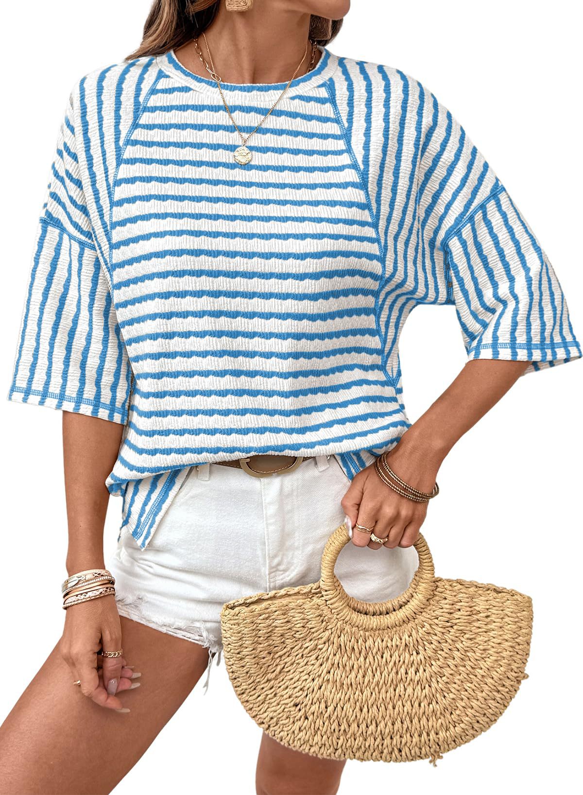 Women's Summer Pullover Simple Striped Half Sleeve Women's T-shirt