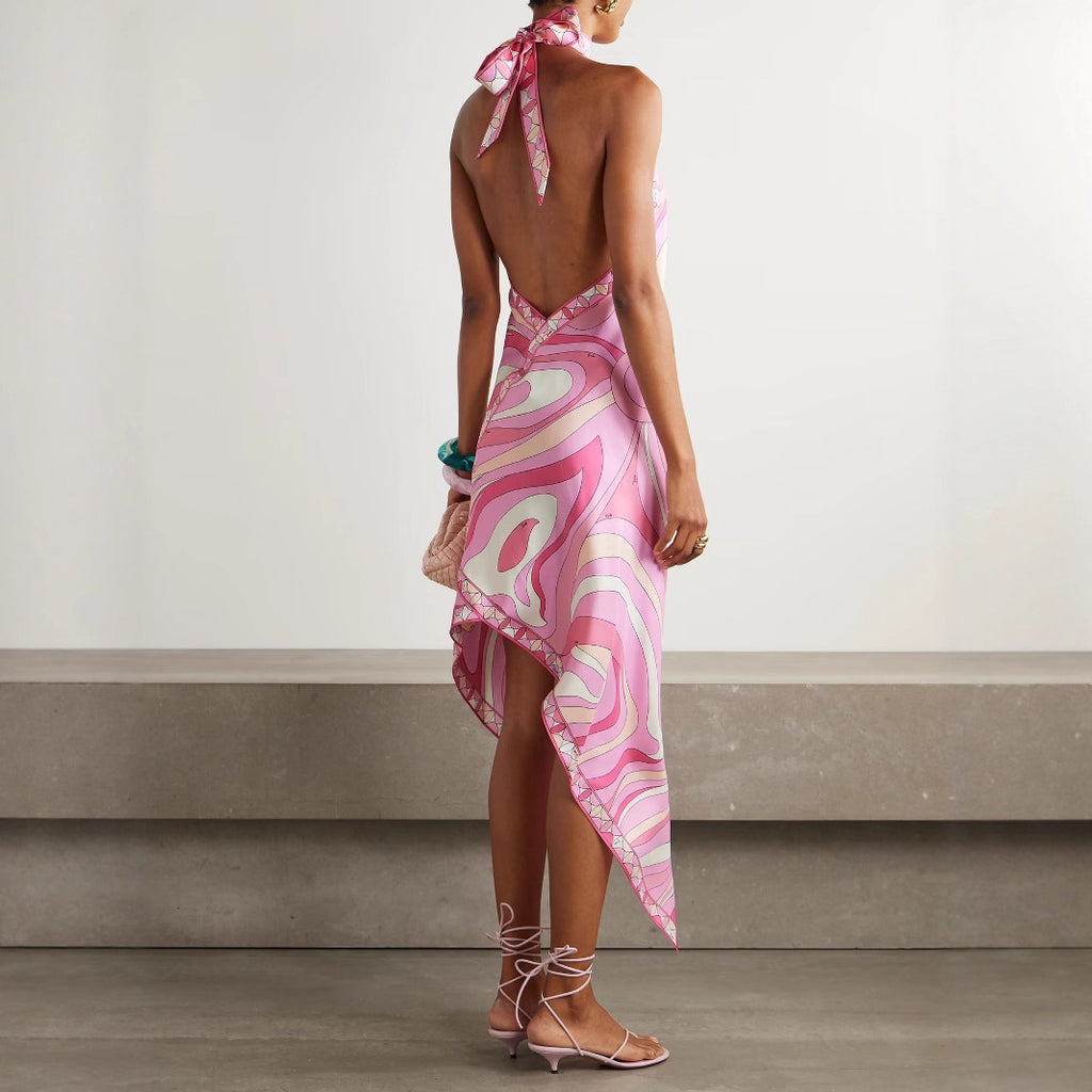 Women's Summer Sexy Halter Backless Print Satin Vacation Beach Dress