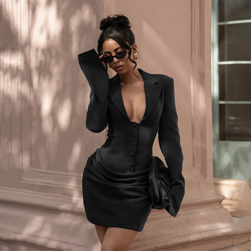 Women's Winter Casual Solid Color Deep Double-breasted Dress