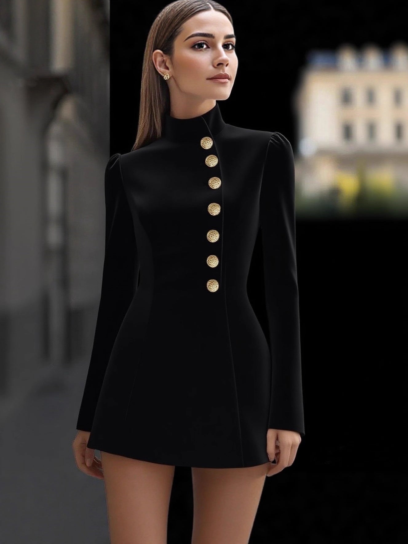 Women's Autumn Elegant Solid Color Sleeve Stand Collar Single-breasted Dress