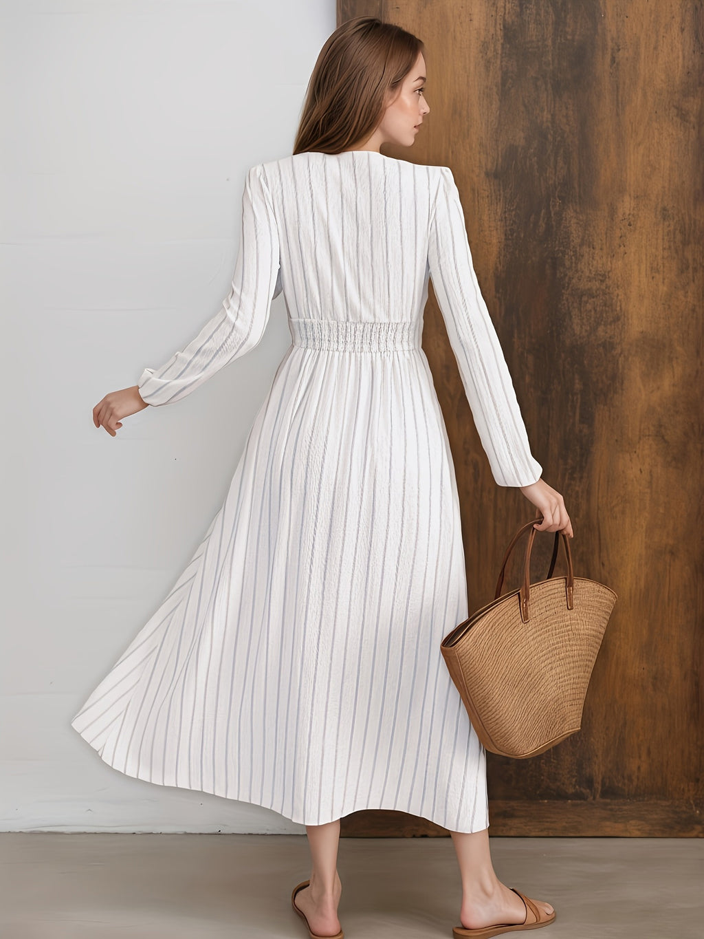 Women's Striped Crew Neck Long Sleeves Smocking Dress