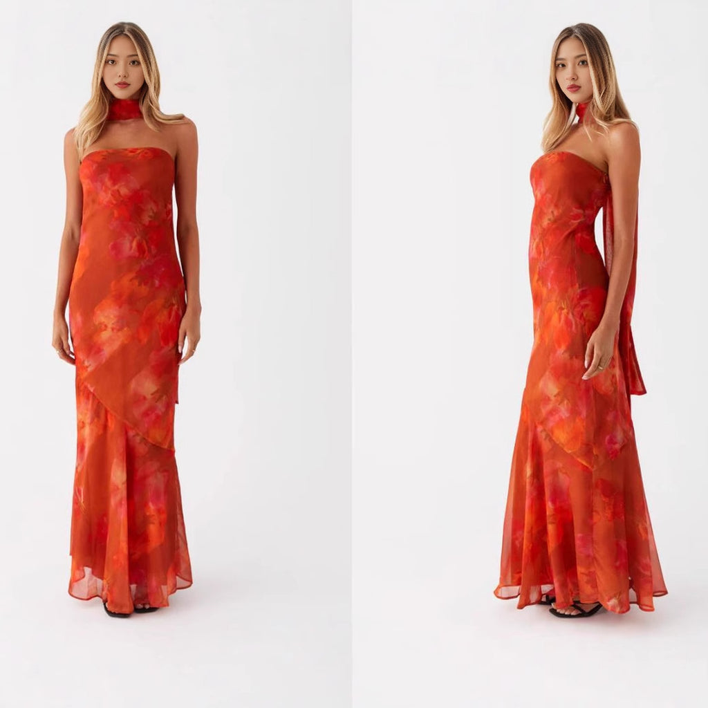 Graceful Satin Backless Tube Digital Printed Dress