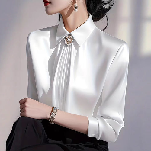 Elegant Graceful Satin Shirt Pleated Long Sleeve Leisure Blouse
