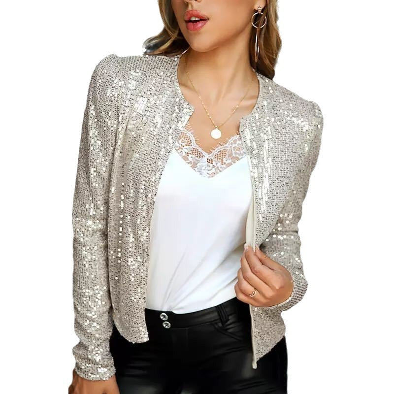 Women's Spring Fashion Stand Collar Color Matching Sequins Casual Versatile Coats