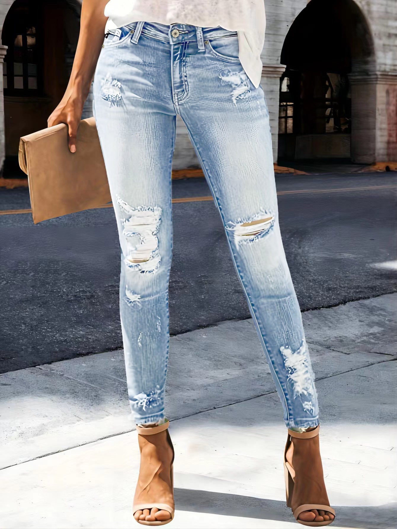 Women's Ripped Elastic Slim Fit Slimming Trousers Jeans