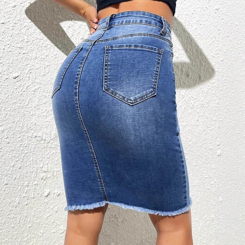 Stretch High Waist Frayed Denim Package Skirt