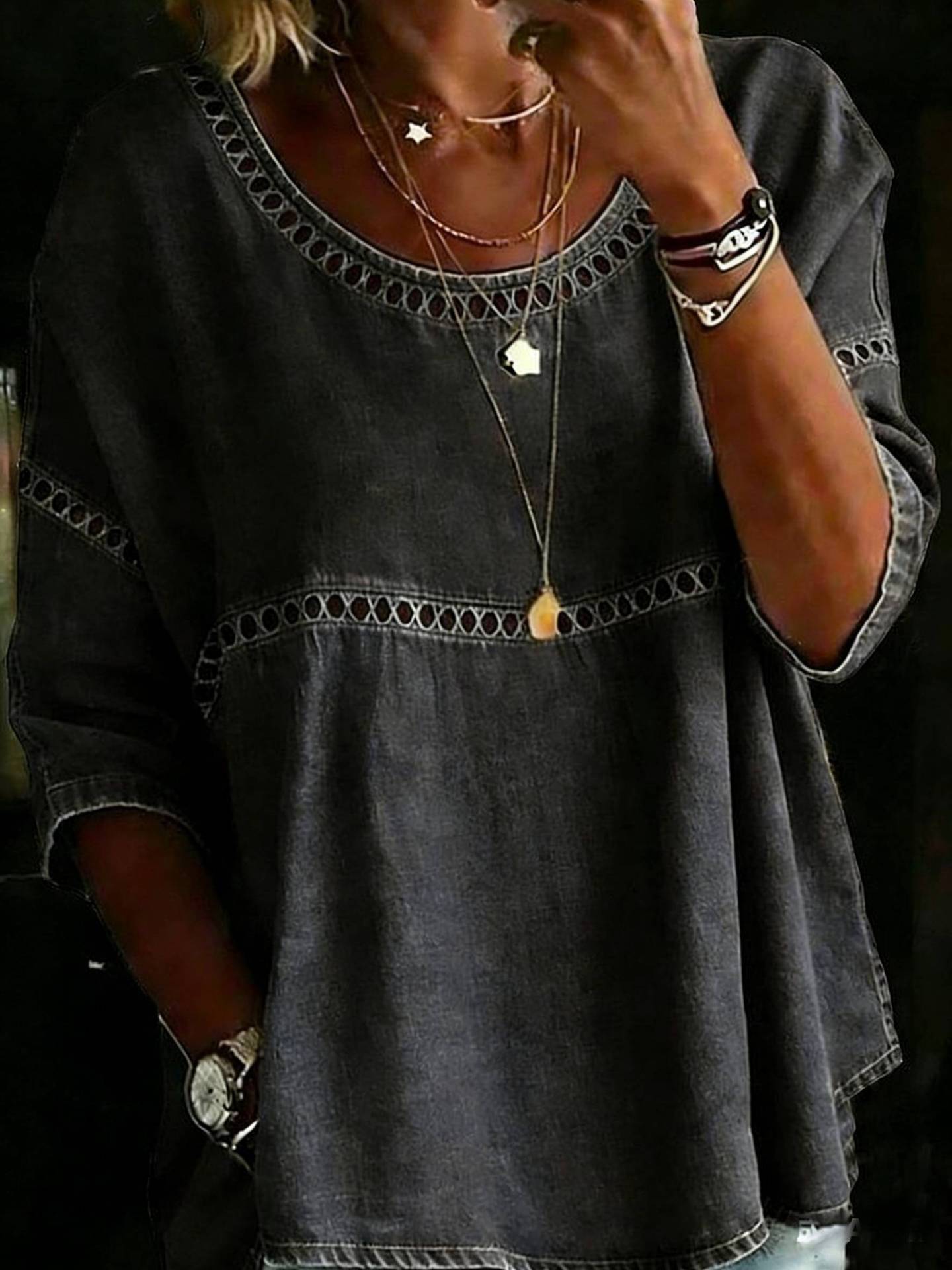 Versatile Casual Hollow Denim Round Neck Tops