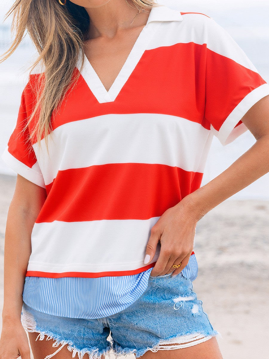 Women's Summer Deep Fashion Trend Stripes Printed Loose Women's T-shirt