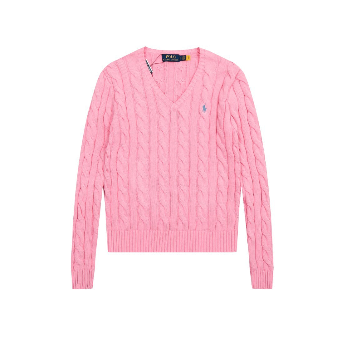 Women's Sleeve Horse Logo Embroidered Twist Long Solid Color Sweaters