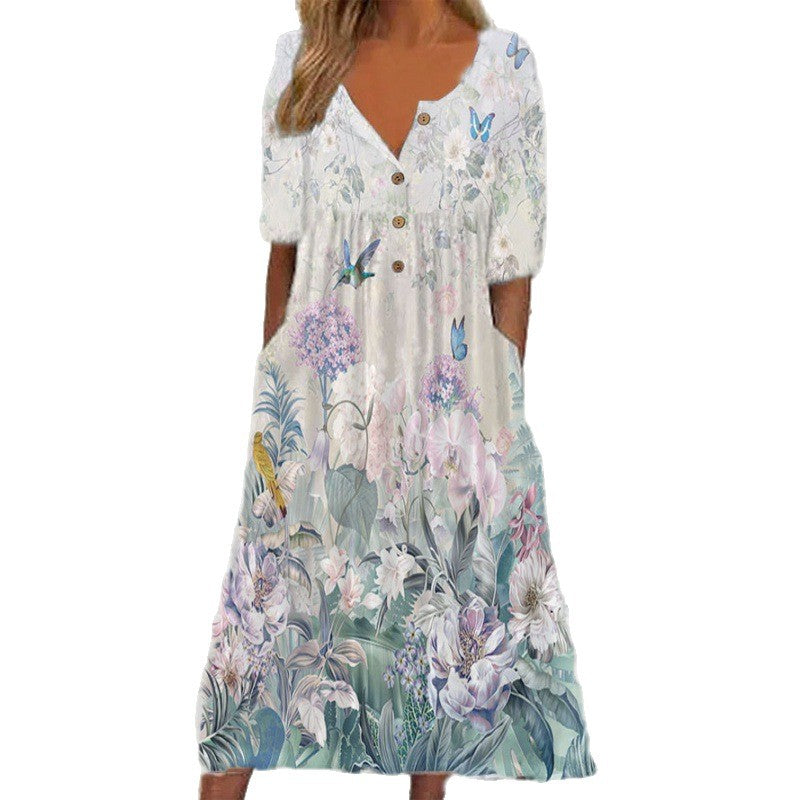 Women's Spring Printed Button Sleeve Pocket Dress