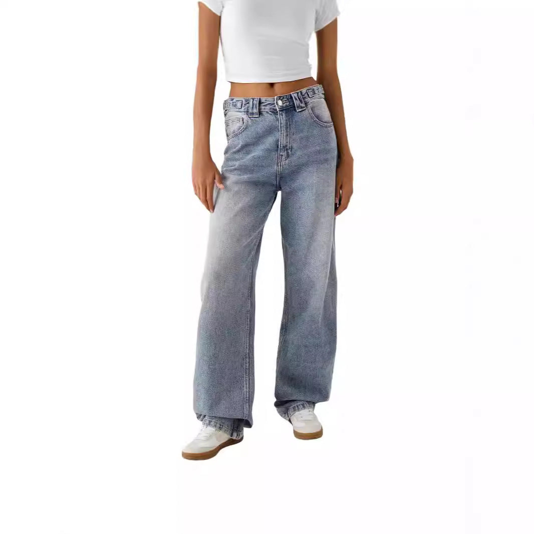 Women's Washed Loose Street High Waist Wide Jeans