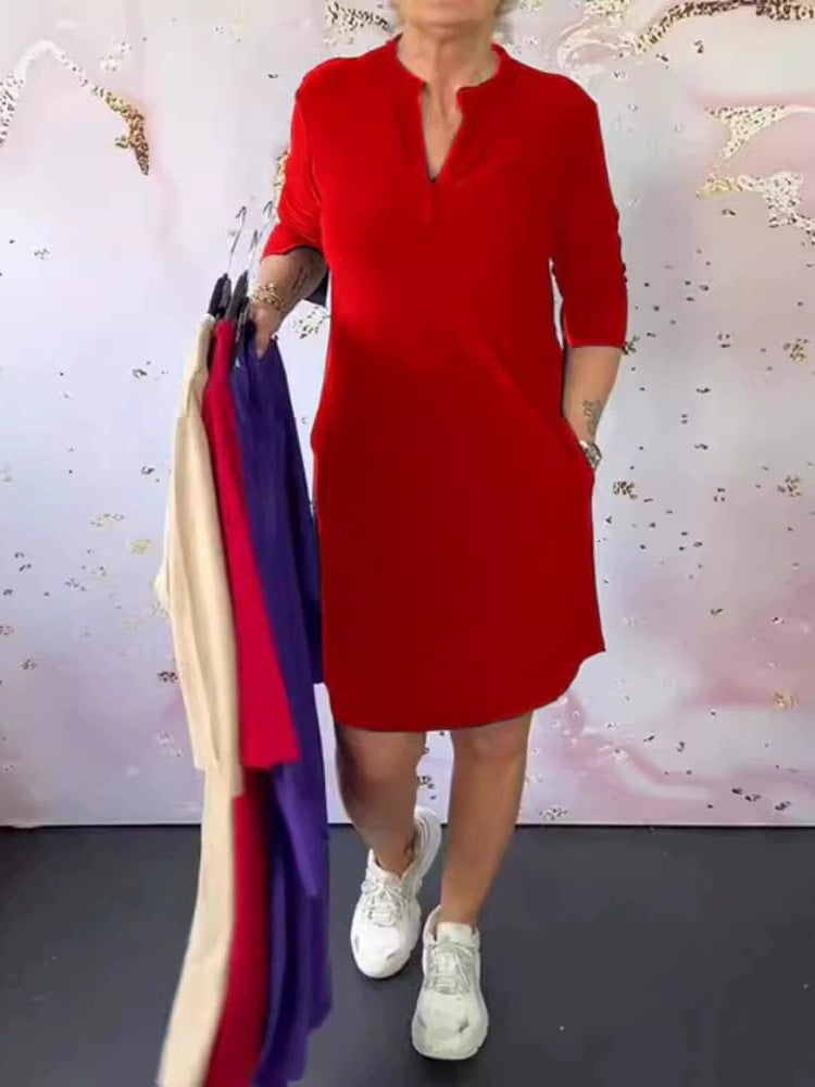 Women's Summer Fashion Solid Color Three-quarter Sleeve Dress