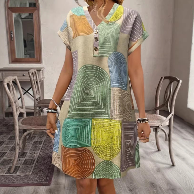 Women's Summer Geometric Pattern Elegant Button Loose Dress