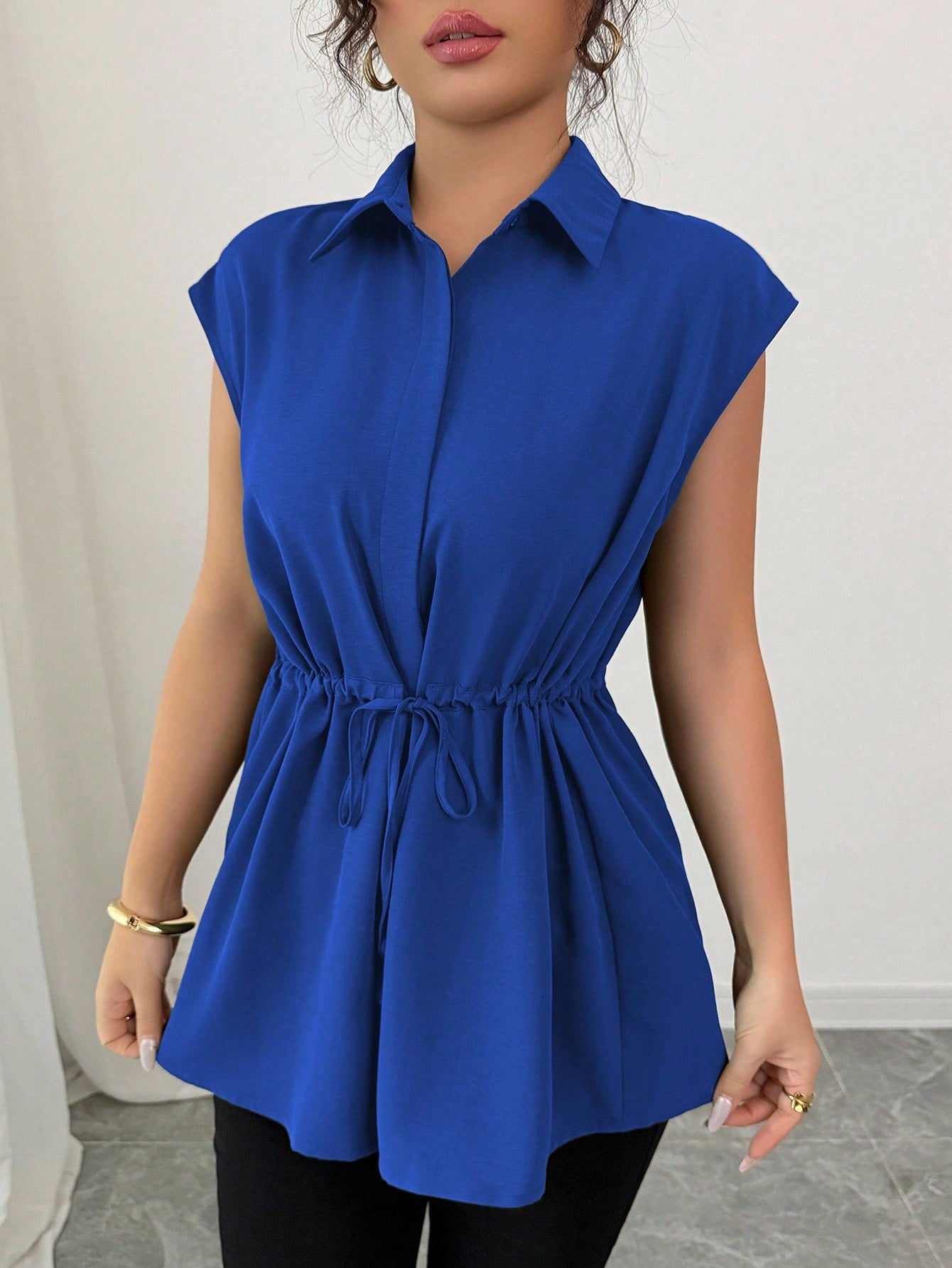Women's Fashion Loose Waist Single-breasted Solid Color Collar Women's T-shirt