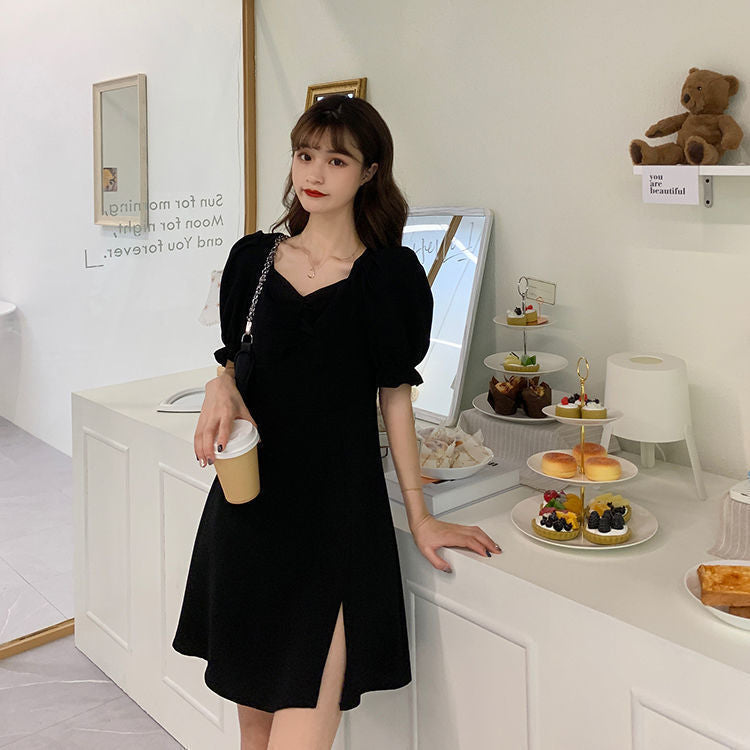 Large Slimming For Fat Temperament Square Collar Tight Waist Dress