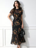 Dark Elegant Floral Print Sleeve Mesh Dress