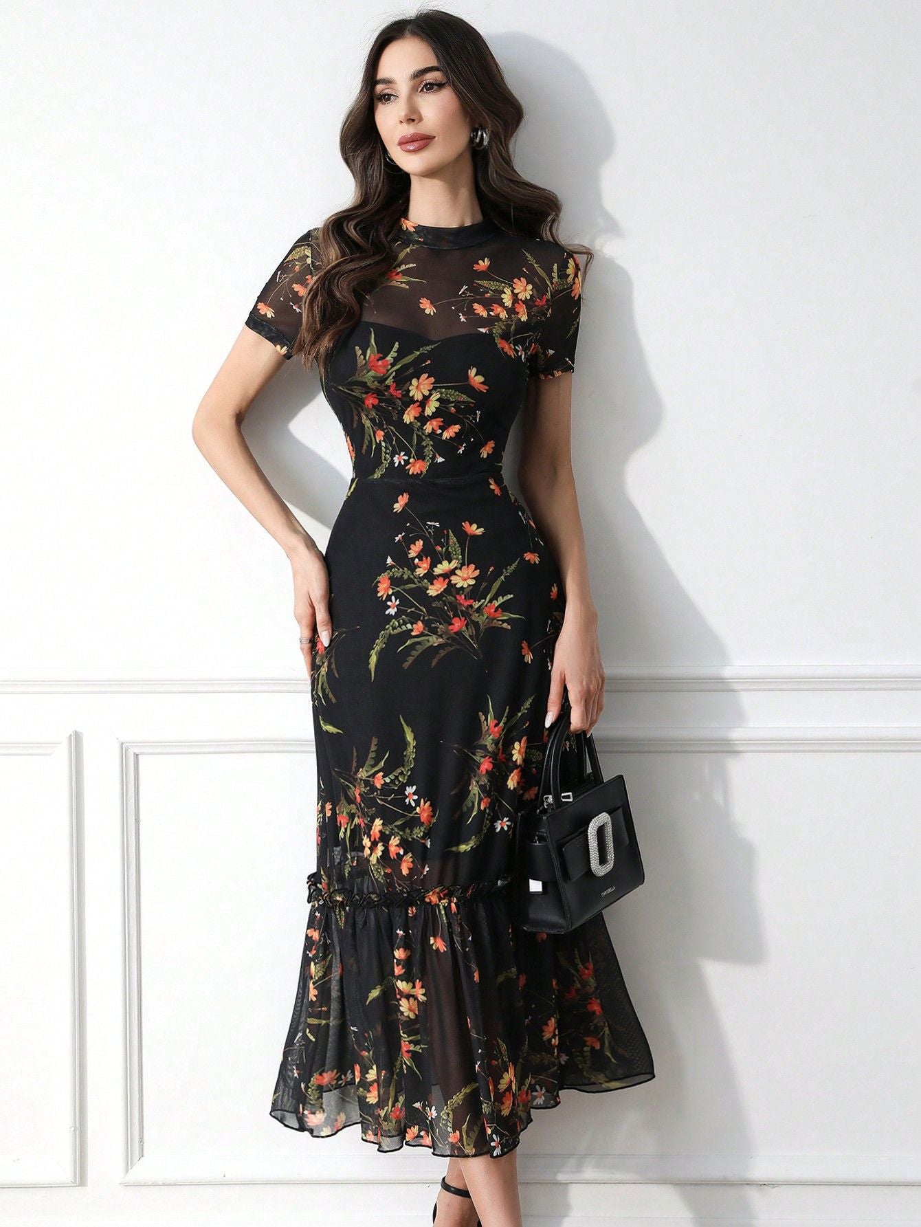 Dark Elegant Floral Print Sleeve Mesh Dress