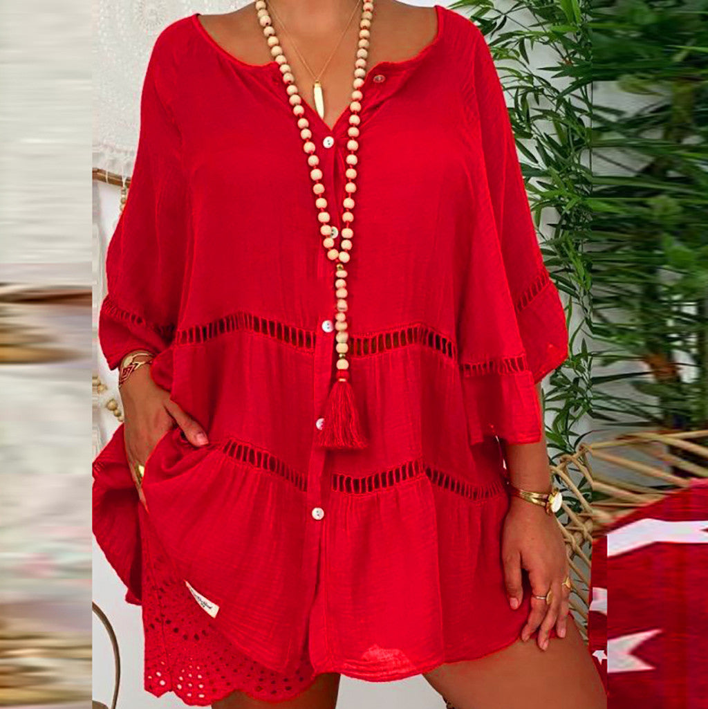 Women's Three-quarter Sleeve Cotton Linen Loose Button Dress
