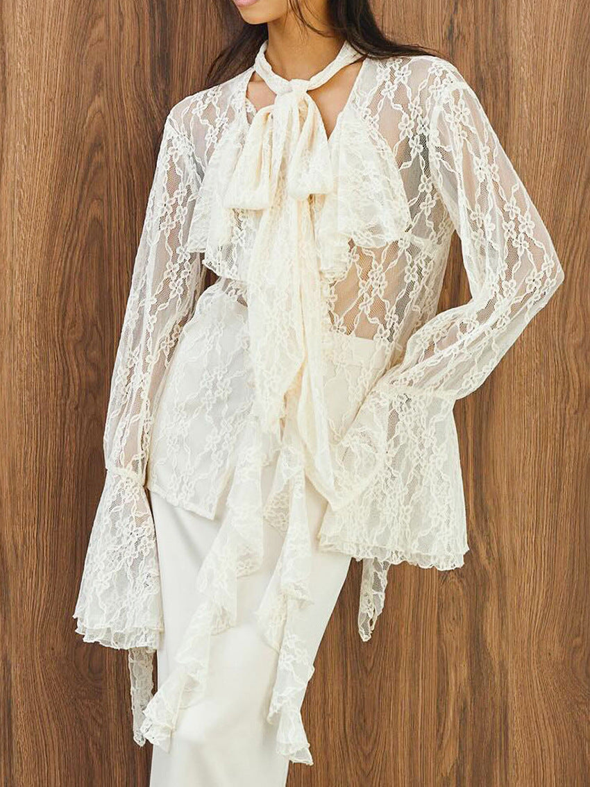 Lace Bow Long Sleeve Shirt Design Blouse