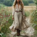 Women's Retro Pastoral Style Printed Long-sleeved Dress