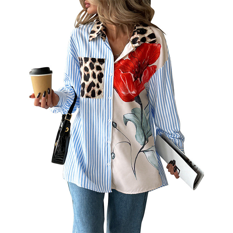 Women's Leisure Vacation Trendy Style Printed Striped Stitching Shirt Blouse