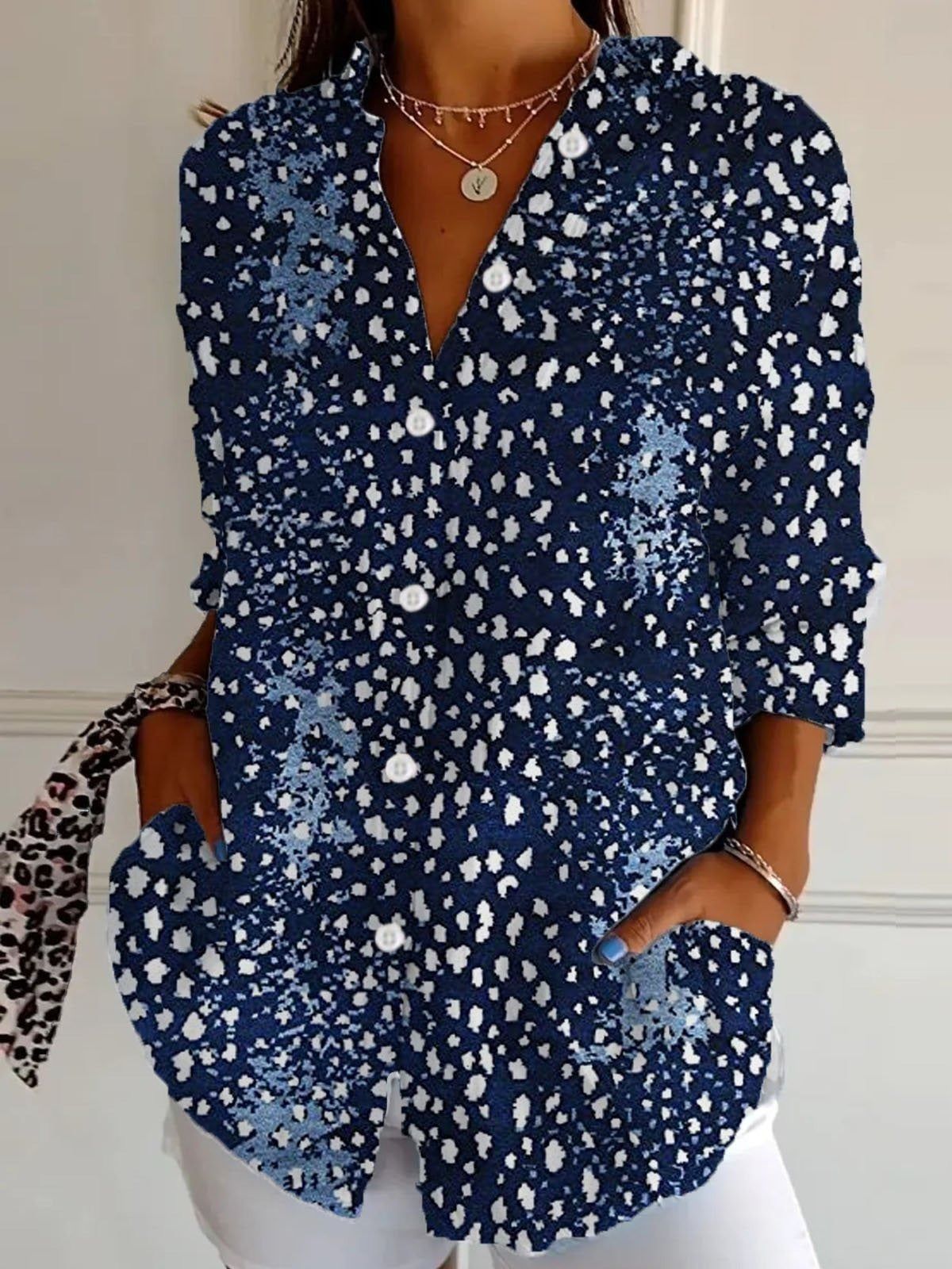 Women's Digital Printing Abstract Pattern Long Sleeve Buckle Blouse