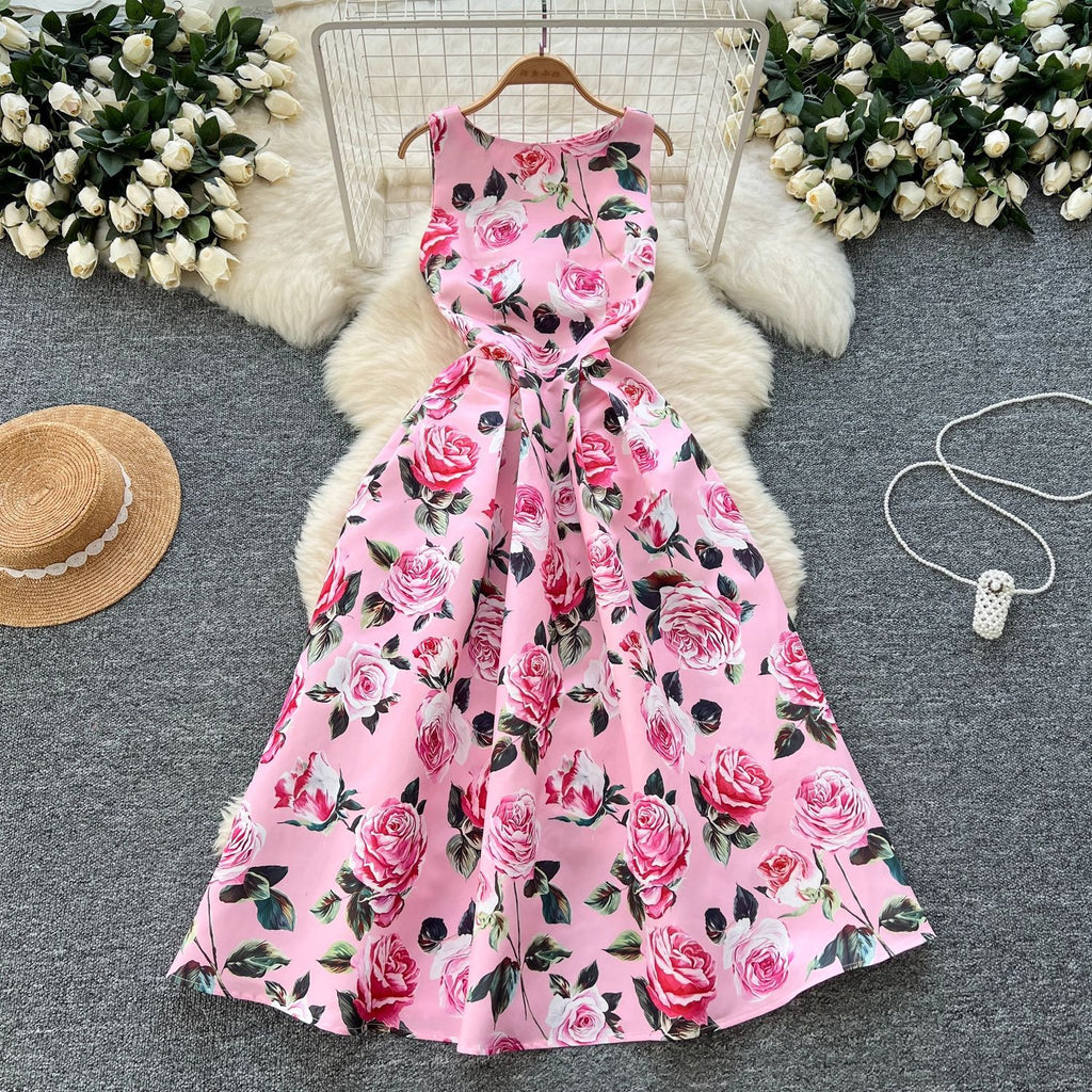 Women's Small Fashionable Retro Waist Slimming Sleeveless Fashion Printed Dress