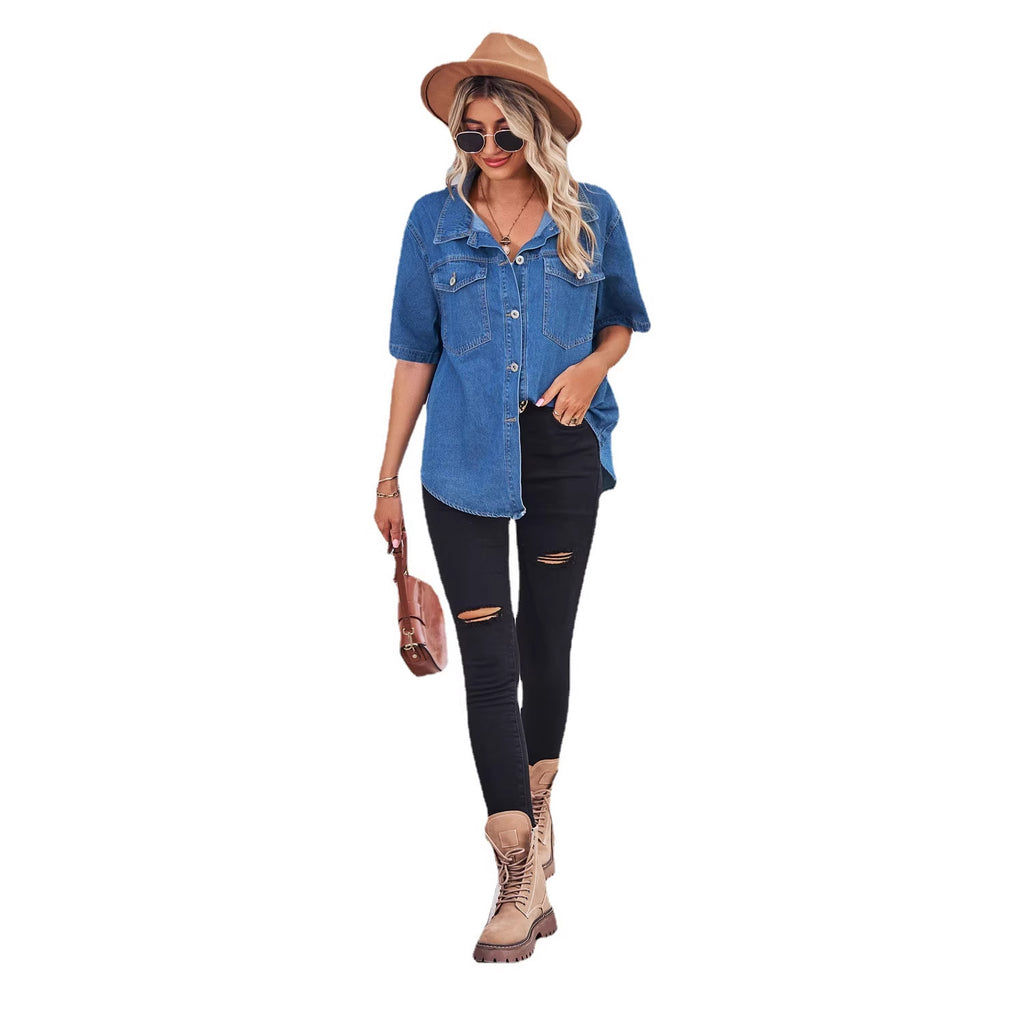 Women's Washed Thin Denim Shirt Sleeve For Blouse
