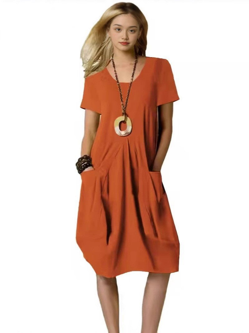 Fashion Solid Color Cotton Linen Patch Dress