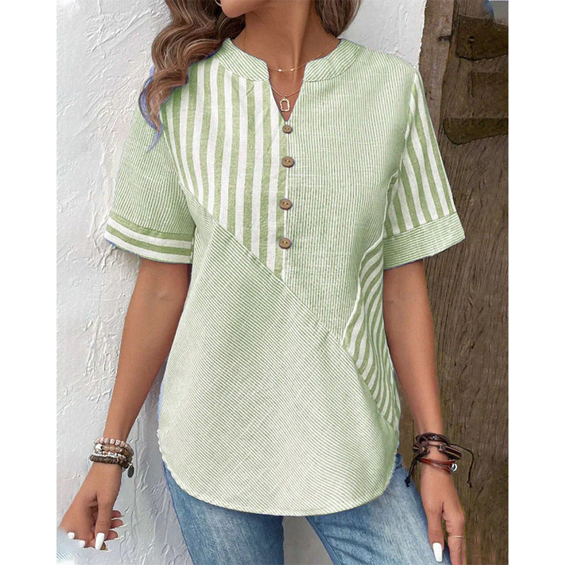Women's Shirt Asymmetric Striped Stitching Cotton Linen Blouse