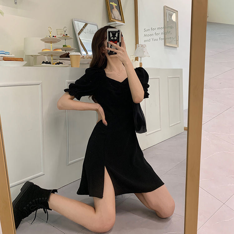 Large Slimming For Fat Temperament Square Collar Tight Waist Dress