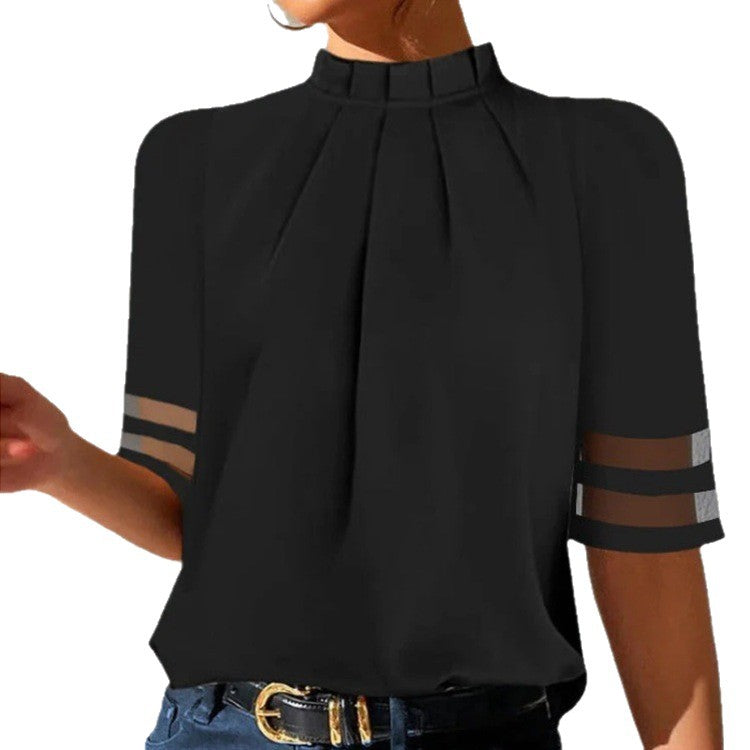 Popular Summer Pure Black Pleated Turtleneck Blouse