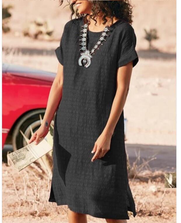 Women's Short-sleeved Casual Round Neck Side Slit Dress