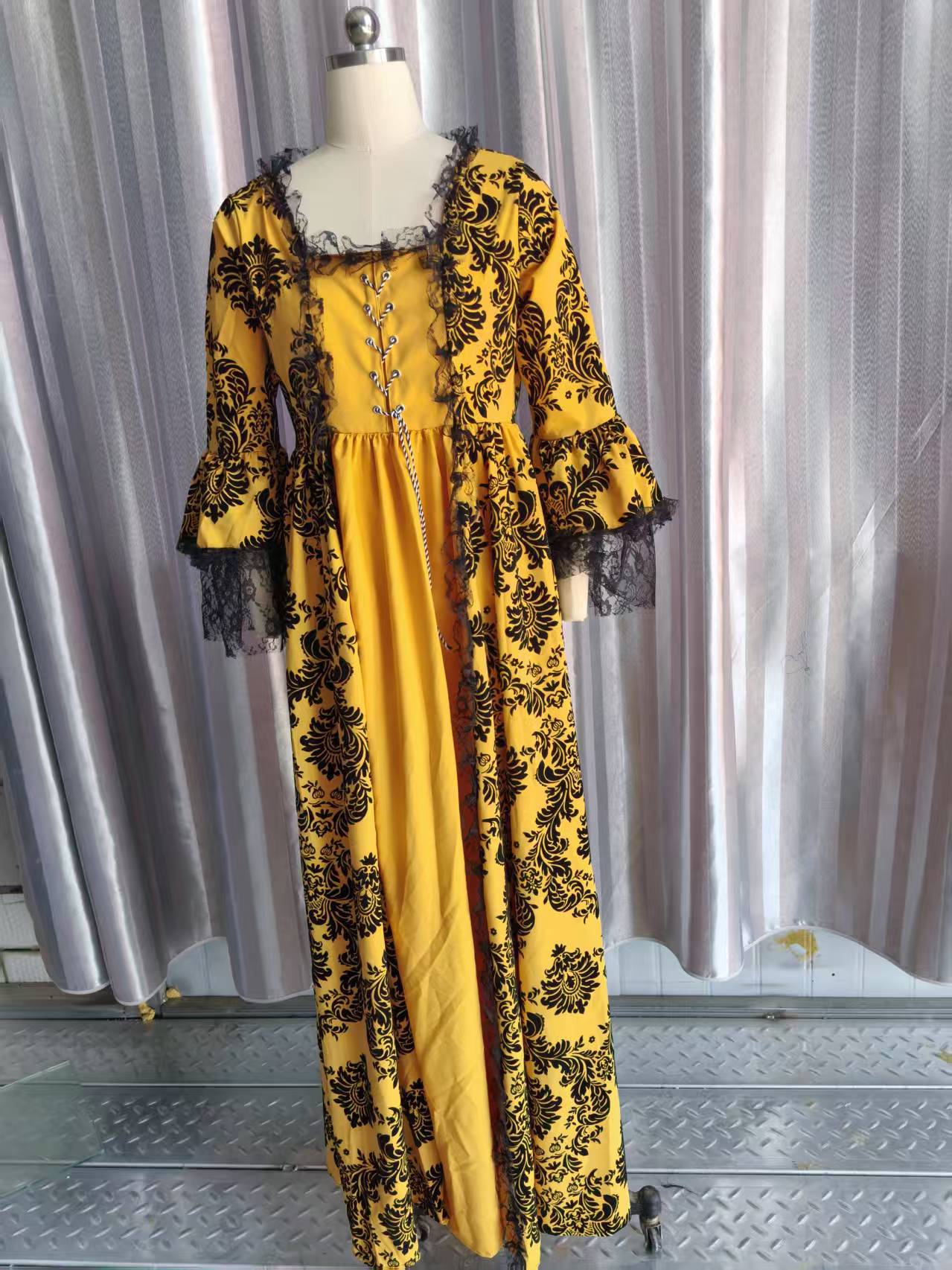 Vintage Court Printed Lace Stitching Flared Sleeve Plus Size