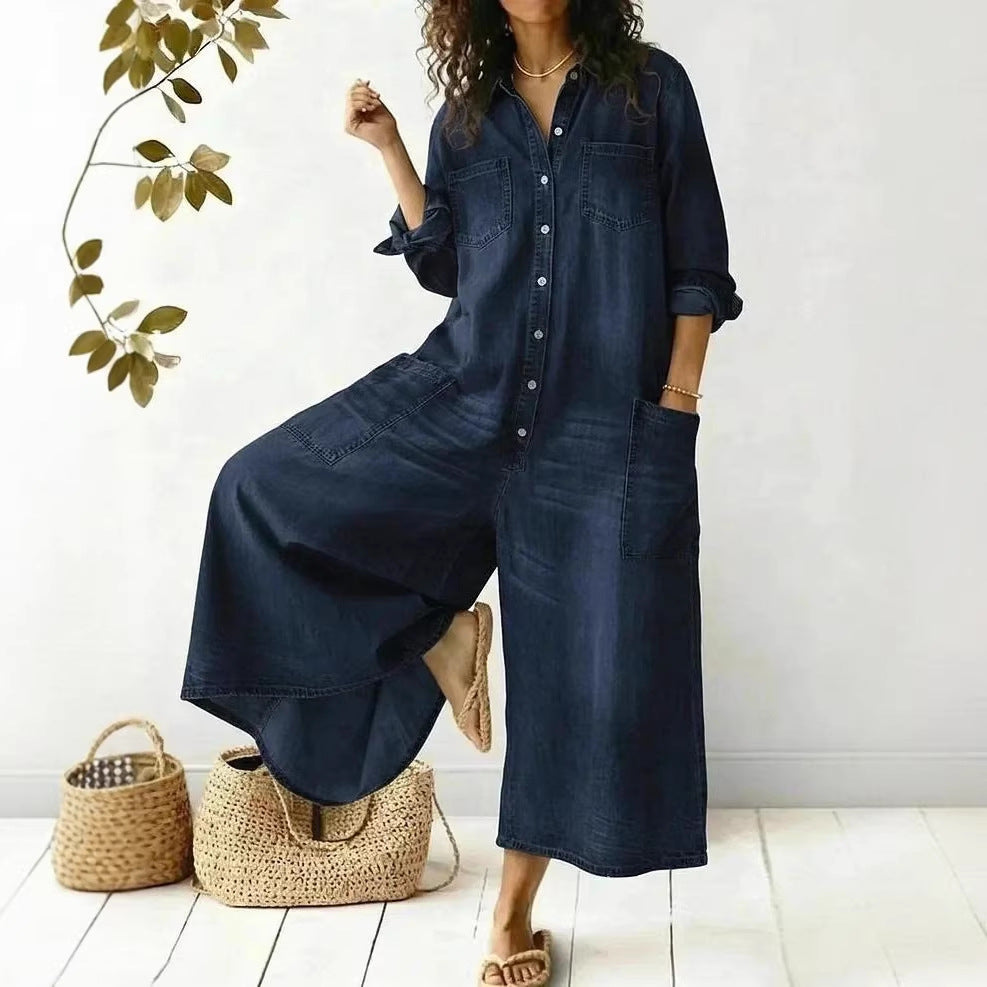 Women's Spring Clothes Fashion Sexy Single-breasted Shirtdress Jumpsuits