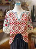 Women's Ethnic Retro Literary Flower Printing Loose Casual Daily Sleeve Blouse