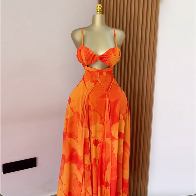 Women's Summer Sweet Fresh Printed Strap Tube High Waist A- Line Tops