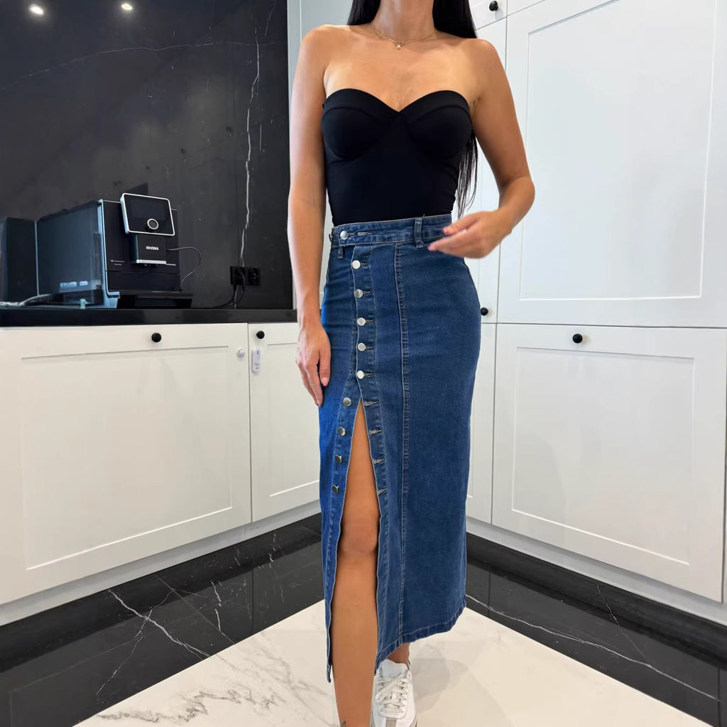 Women's Button Split Placket Denim High Waist Sexy Slim Fit Hip Skirt