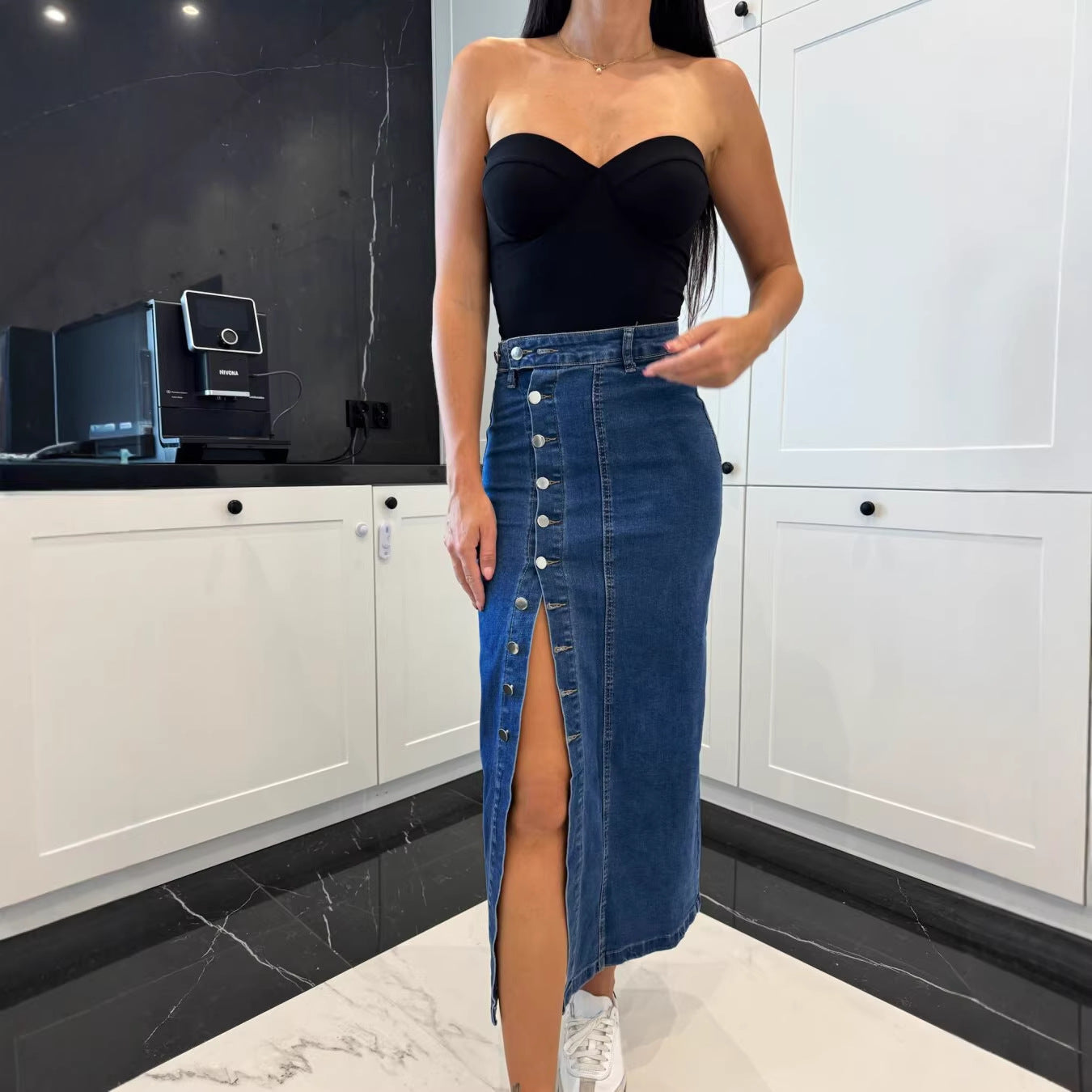 Women's Button Split Placket Denim High Waist Sexy Slim Fit Hip Skirt