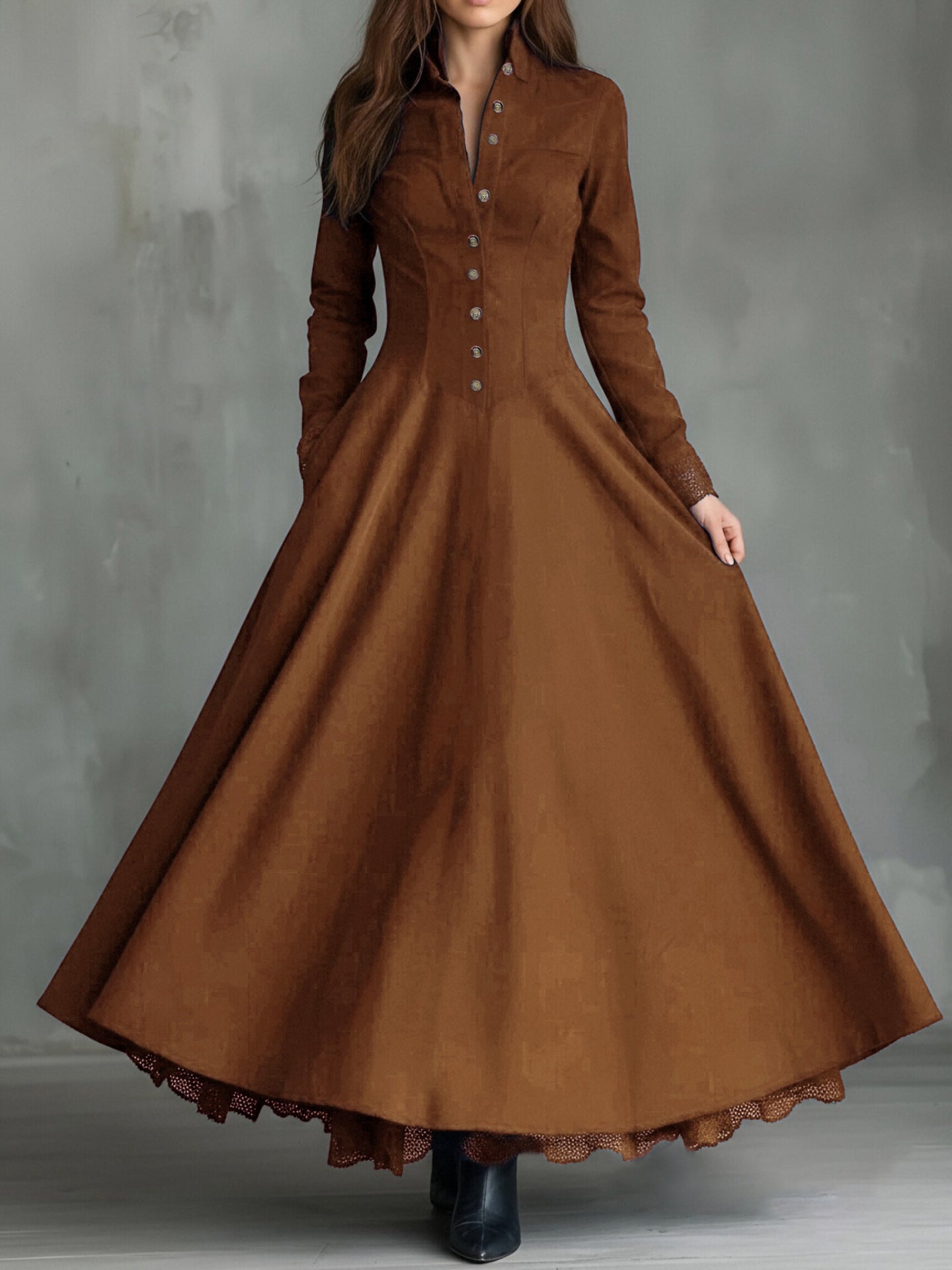 Style Retro Elegant Suede Lace Stitching Dress