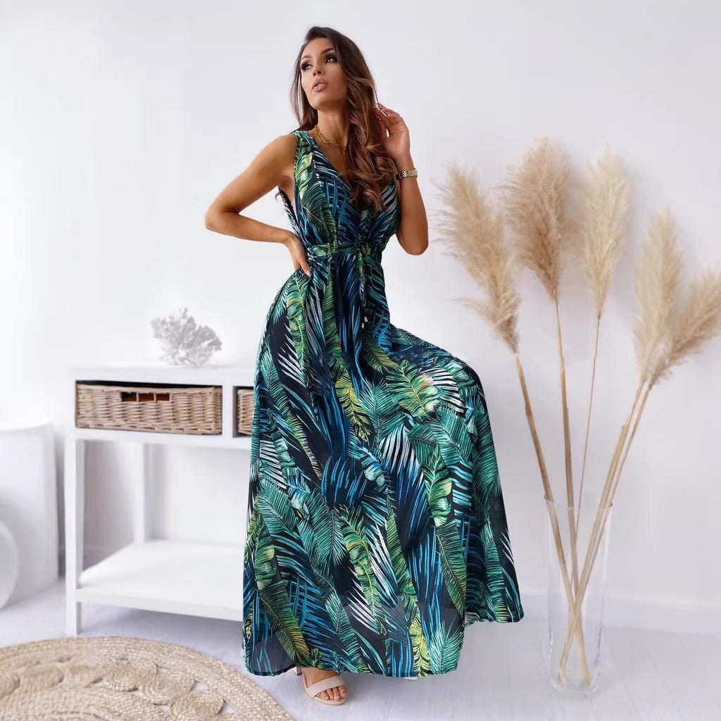 Trendy Summer Print Backless Lace Up Dress