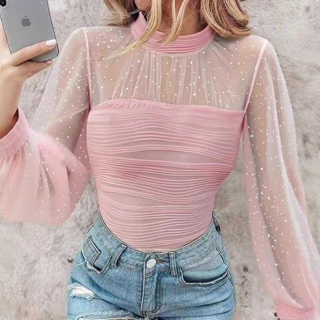 Pearl Mesh Stitching Long Sleeves Base Blouse