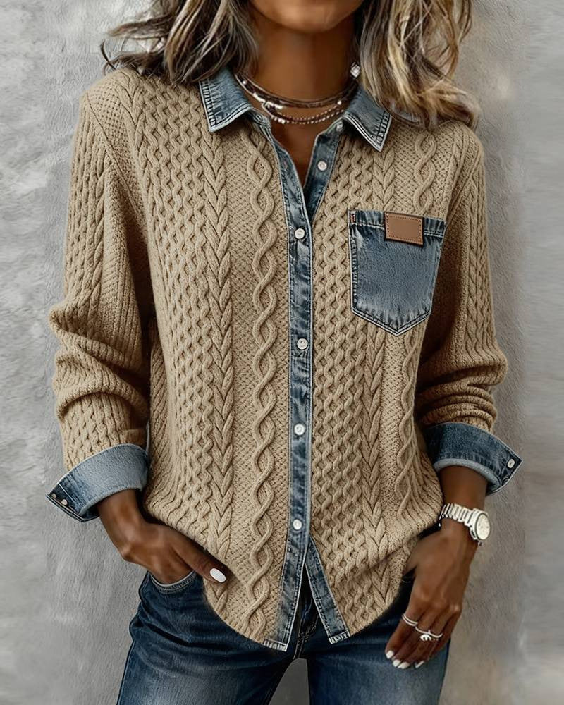 Women's Knitted Patchwork Denim Shirt Fashionable Long Jackets
