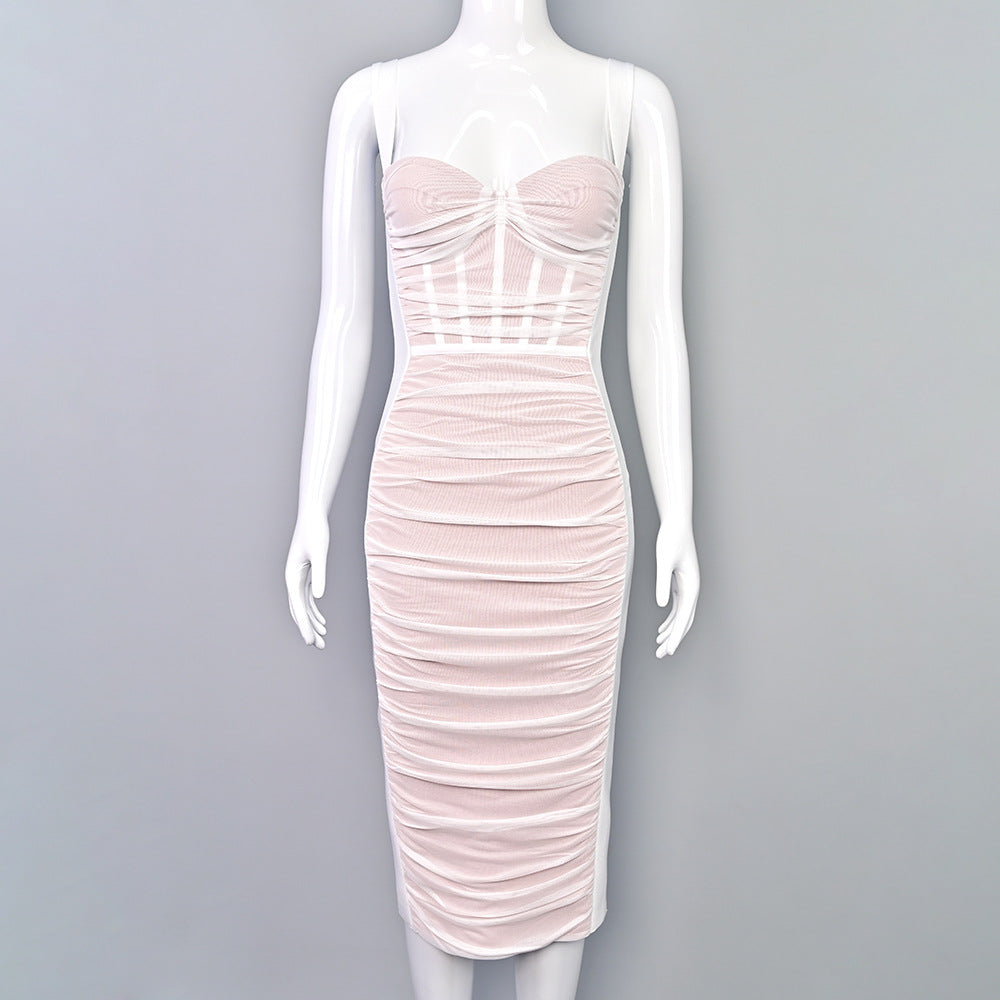 Women's Pleated Mesh White French Sexy Bandage Dress