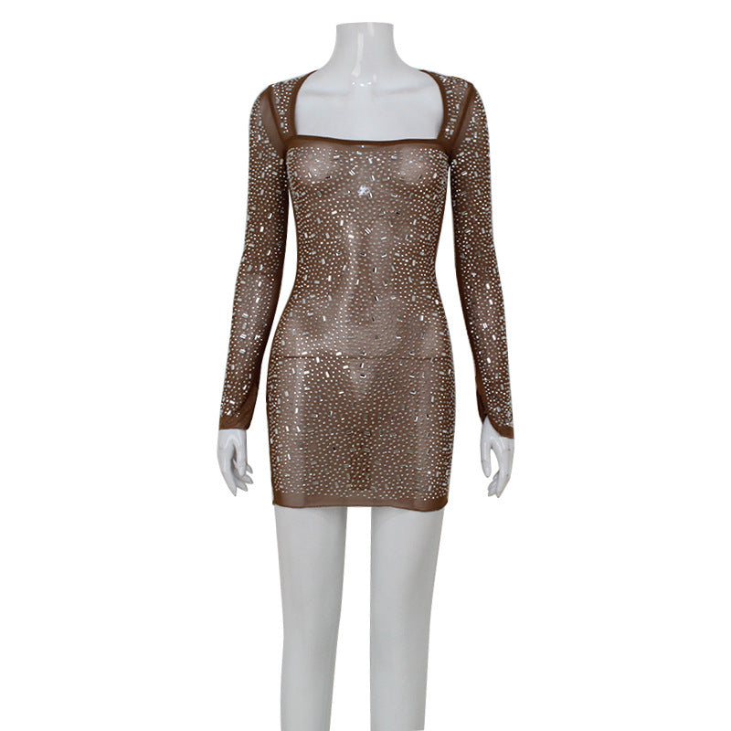 Women's Square Collar Long Sleeve Sheath Sexy Hot Light Dress