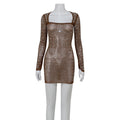 Women's Square Collar Long Sleeve Sheath Sexy Hot Light Dress
