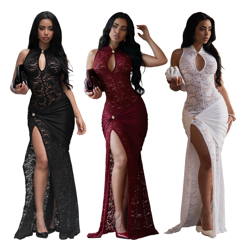 Women's Fashion Wear Sexy Lace Cutout Slit Dress