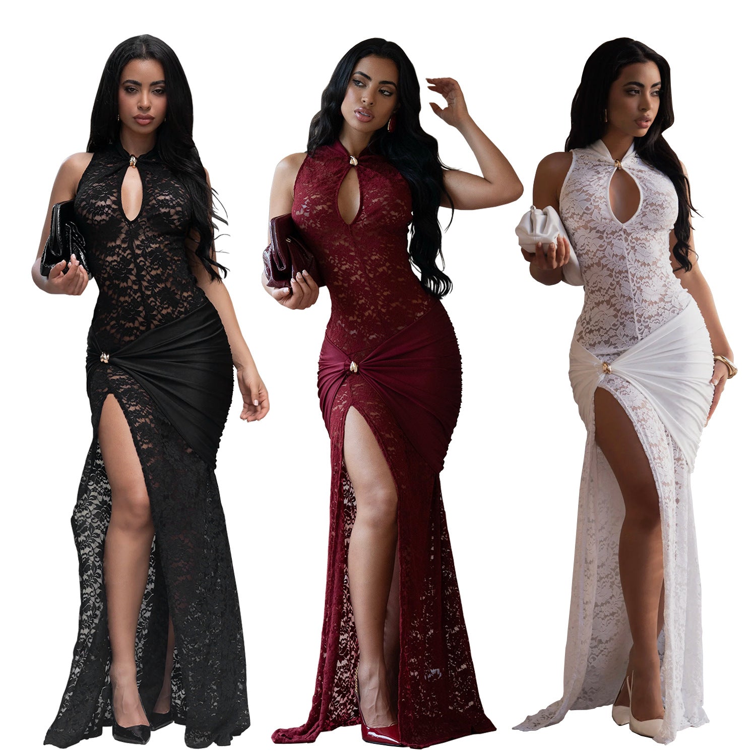 Women's Fashion Wear Sexy Lace Cutout Slit Dress