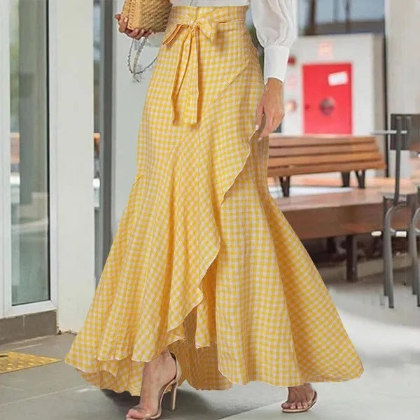 Women's Plaid Mermaid Ruffled Irregular Hem High Waist Casual Umbrella Skirts